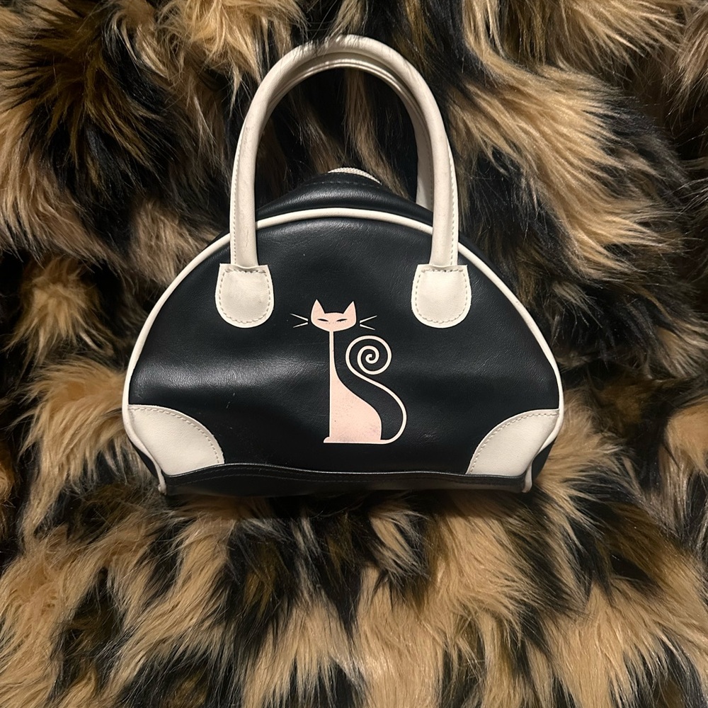 Black and White Mini Bowler Purse Cat